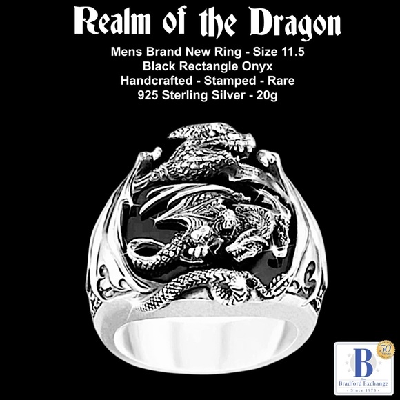 RARE Mens Vtg. Ring .925 Sterling 20gm w/Black Onyx BGE Realm of the Dragon -NEW - Picture 2 of 6